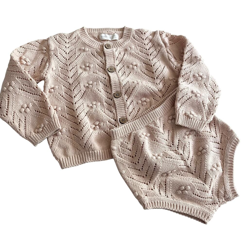 Quincy Mae Organic Cotton Knit Cardigan Bloomers Set Shell 12-18 Months